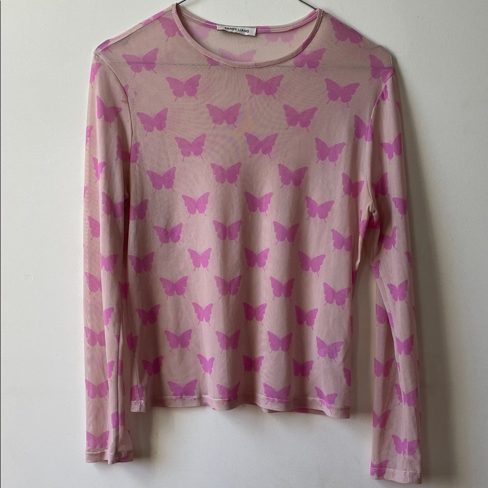 Sandy Liang Pink Butterfly Mesh Top size 10 excellent shape! Super thin mesh